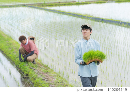 Two farmers planting rice Two farmers planting rice 140204349