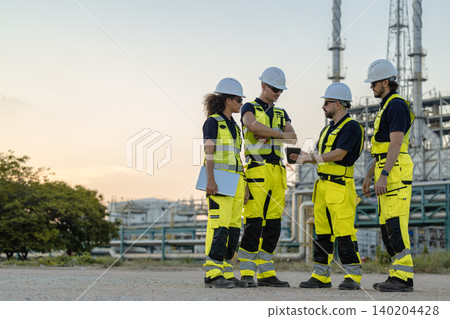 Professional Engineers work at offshore oil and gas refinery field survey petroleum industry plant. Professional Engineers work at offshore oil and gas refinery field survey petroleum industry plant. 140204428
