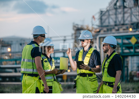 Group of Petroleum Professional Engineer Team Working against Oil Gas Refinery Offshore Survey Group of Petroleum Professional Engineer Team Working against Oil Gas Refinery Offshore Survey 140204430