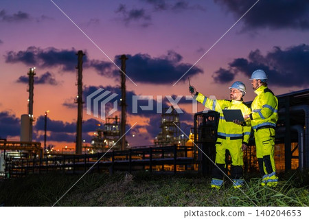 Professional Engineer Team Working at Refinery plant background twilight evening. Oil Gas Energy man 140204653