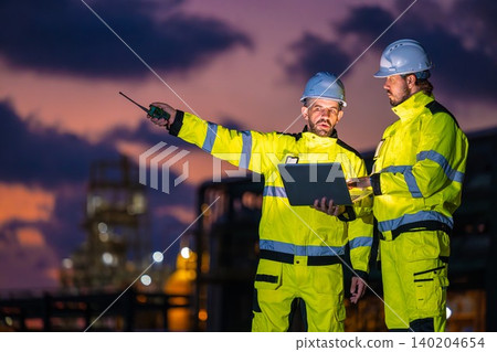 Professional Engineer Team Working at Refinery plant background twilight evening. Oil Gas Energy man Professional Engineer Team Working at Refinery plant background twilight evening. Oil Gas Energy man 140204654