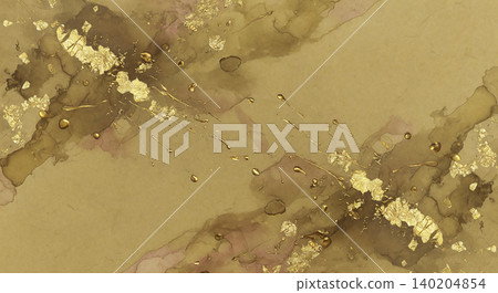 A luxurious Japanese-style background featuring rich gold watercolors and splashes of paint on pale gold washi paper. 140204854