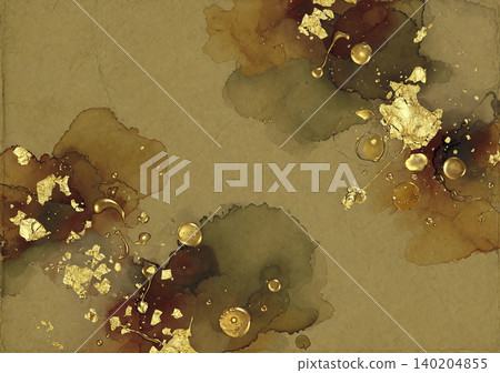 A luxurious Japanese-style background featuring rich gold watercolors and splashes of paint on pale gold washi paper. 140204855