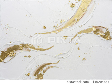 A beautiful Japanese-style background featuring wavy, three-dimensional brushstrokes on white washi paper and gold leaf. 140204864