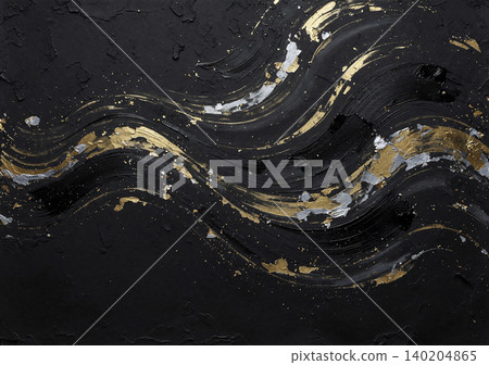 A Japanese-style background featuring striking three-dimensional gold and silver wave patterns on jet-black washi paper. A Japanese-style background featuring striking three-dimensional gold and silver wave patterns on jet-black washi paper. 140204865