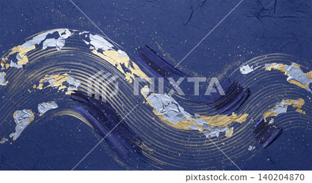 A beautiful Japanese-style background with a wave pattern of platinum and gold on indigo washi paper. A beautiful Japanese-style background with a wave pattern of platinum and gold on indigo washi paper. 140204870