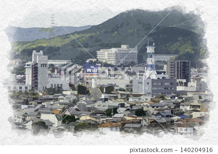 水彩風格描繪山口縣柳井市柳井市中心的景色 水彩風格描繪山口縣柳井市柳井市中心的景色 140204916