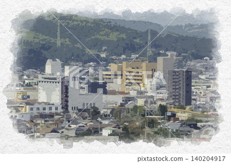 水彩風格描繪山口縣柳井市柳井市中心的景色 水彩風格描繪山口縣柳井市柳井市中心的景色 140204917