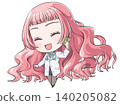 A pink-haired doctor making a phone call on her smartphone. A chibi-style character in the style of Japanese anime. A girl smiling happily. 140205082
