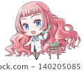 A pink-haired doctor holding a telephone receiver and talking. A chibi-style character in the style of Japanese anime. A cheerful-looking girl. 140205085