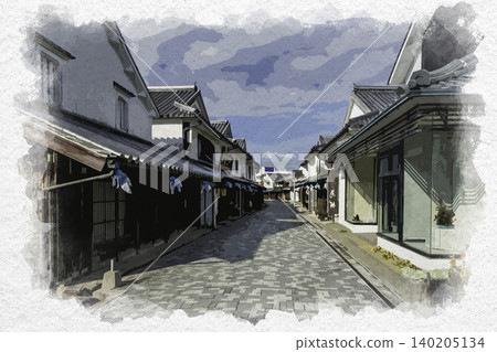 水彩風格畫作,描繪了山口縣柳井市的白色牆壁小鎮風景。 水彩風格畫作,描繪了山口縣柳井市的白色牆壁小鎮風景。 140205134