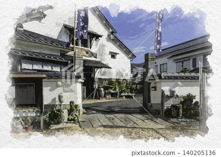 水彩風格畫作，描繪了山口縣柳井市的白色牆壁小鎮風景。 140205136
