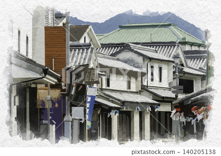 水彩風格畫作,描繪了山口縣柳井市的白色牆壁小鎮風景。 水彩風格畫作,描繪了山口縣柳井市的白色牆壁小鎮風景。 140205138