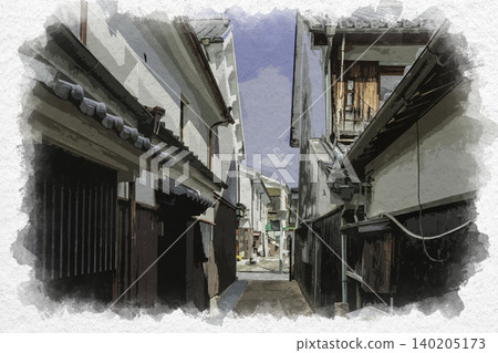 水彩風格的柳井市風景畫，白牆街景，木屋小路，山口縣柳井市。 140205173
