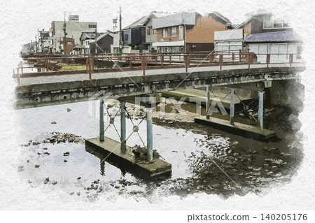 水彩畫風格:山口縣柳井市柳井川蓬萊橋柳井、柳井川、柳井川、柳井橋 水彩畫風格:山口縣柳井市柳井川蓬萊橋柳井、柳井川、柳井川、柳井橋 140205176