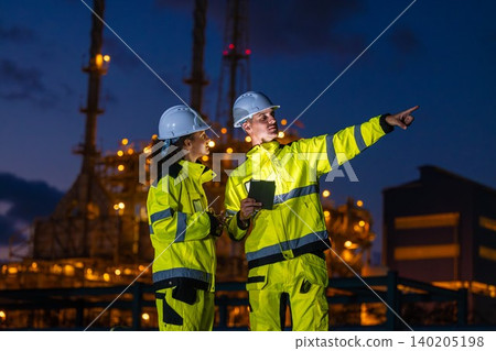 Professional Engineer Team Working at Refinery plant background twilight evening. Oil Gas Energy man Professional Engineer Team Working at Refinery plant background twilight evening. Oil Gas Energy man 140205198