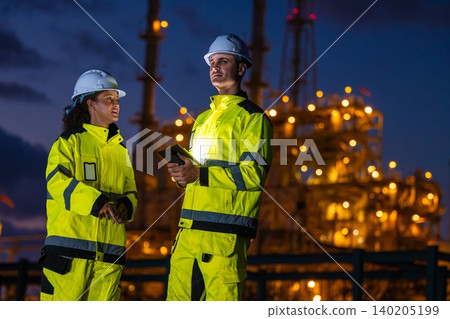 Professional Engineer Team Working at Refinery plant background twilight evening. Oil Gas Energy man 140205199