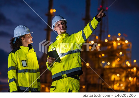 Professional Engineer Team Working at Refinery plant background twilight evening. Oil Gas Energy man 140205200