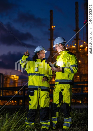 Professional Engineer Team Working at Refinery plant background twilight evening. Oil Gas Energy man Professional Engineer Team Working at Refinery plant background twilight evening. Oil Gas Energy man 140205201