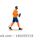 Backpacker Hiker Character Walking with Trekking Pole and Water Bottle 140205519