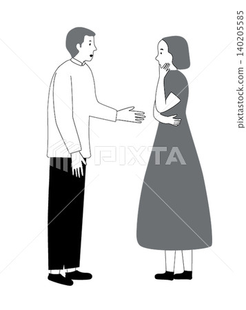 已婚夫婦（一男一女）面對面交談的全身照。 140205585