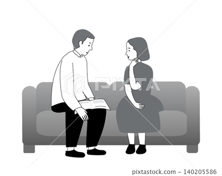 A couple (husband and wife/partners) are sitting on a sofa; the man is listening to the woman's concerns. A couple (husband and wife/partners) are sitting on a sofa; the man is listening to the woman's concerns. 140205586