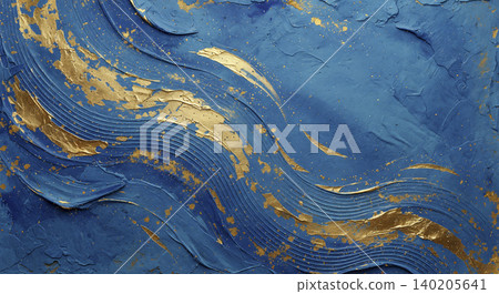 A modern Japanese background featuring a vibrant gold wave pattern flowing across lapis lazuli-colored washi paper. A modern Japanese background featuring a vibrant gold wave pattern flowing across lapis lazuli-colored washi paper. 140205641