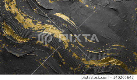 A modern Japanese background featuring a vibrant gold wave pattern flowing across black washi paper. 140205642