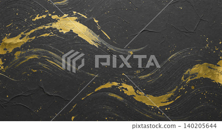 A modern Japanese background featuring a vibrant gold wave pattern flowing across black washi paper. A modern Japanese background featuring a vibrant gold wave pattern flowing across black washi paper. 140205644