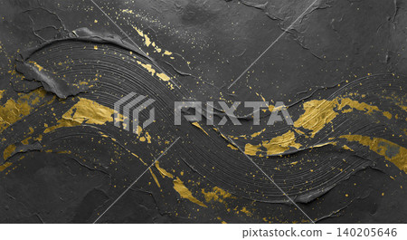 A modern Japanese background featuring a vibrant gold wave pattern flowing across black washi paper. A modern Japanese background featuring a vibrant gold wave pattern flowing across black washi paper. 140205646