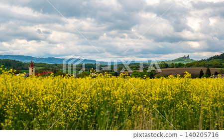Panoramic view of Cesky Raj landscape in Czech Republic dominated by Trosky Castle ruins. Blooming rapeseed fields in foreground, sunlit hills and countryside behind. Panoramic view of Cesky Raj landscape in Czech Republic dominated by Trosky Castle ruins. Blooming rapeseed fields in foreground, sunlit hills and countryside behind. 140205716