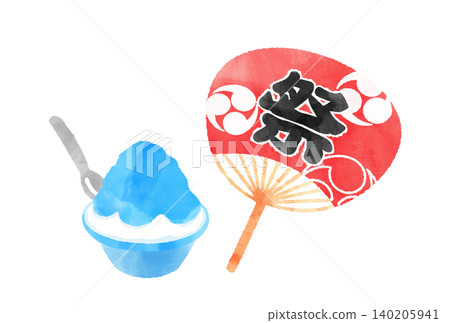 夏日清涼:紅色節日扇子和藍色刨冰 - 水彩插畫素材 夏日清涼:紅色節日扇子和藍色刨冰 - 水彩插畫素材 140205941