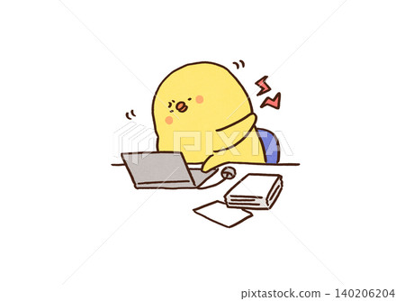 A chick painfully tries to loosen its stiff neck and shoulders from working on a laptop (VDT syndrome). 140206204