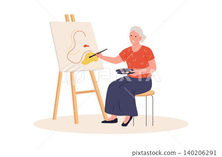 Illustration of Senior Woman Painting on Canvas Easel Hobby Illustration of Senior Woman Painting on Canvas Easel Hobby 140206291