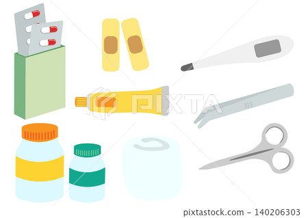 一組醫療用品和常用藥品的向量插圖。 一組醫療用品和常用藥品的向量插圖。 140206303
