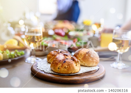 Bread and wine on the table Bread and wine on the table 140206316