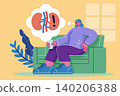 Woman sitting on a sofa feeling flank pain, showing kidney problem concept in corporate memphis style. Flat design vector illustration. 140206388