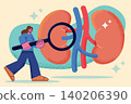 Woman looking through a magnifying glass at a large human kidney organ in corporate memphis style. Flat design vector illustration. 140206390