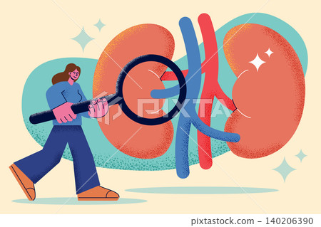 Woman looking through a magnifying glass at a large human kidney organ in corporate memphis style. Flat design vector illustration. Woman looking through a magnifying glass at a large human kidney organ in corporate memphis style. Flat design vector illustration. 140206390