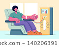 Patient sitting in a clinical chair undergoing hemodialysis treatment in corporate memphis style. Flat design vector illustration. 140206391