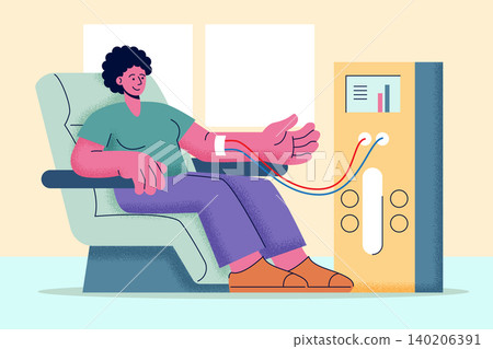 Patient sitting in a clinical chair undergoing hemodialysis treatment in corporate memphis style. Flat design vector illustration. 140206391