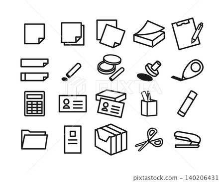Stationery and office supplies line art icon set of 21 types: sticky notes, binders, stamps, calculators, business cards, scissors, etc. Stationery and office supplies line art icon set of 21 types: sticky notes, binders, stamps, calculators, business cards, scissors, etc. 140206431