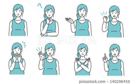 An 8-piece set of illustrations depicting pregnant women in maternity wear, showing various facial expressions and poses. An 8-piece set of illustrations depicting pregnant women in maternity wear, showing various facial expressions and poses. 140206450