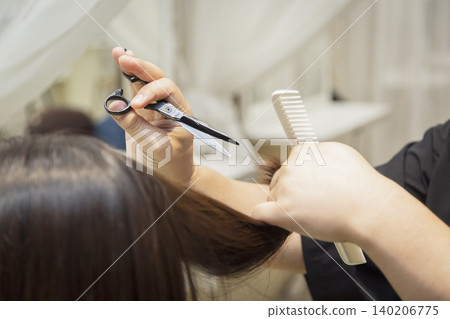 A woman's back view as a hairdresser carefully cuts her hair with scissors and a comb | Hair salon/advertising material A woman's back view as a hairdresser carefully cuts her hair with scissors and a comb | Hair salon/advertising material 140206775
