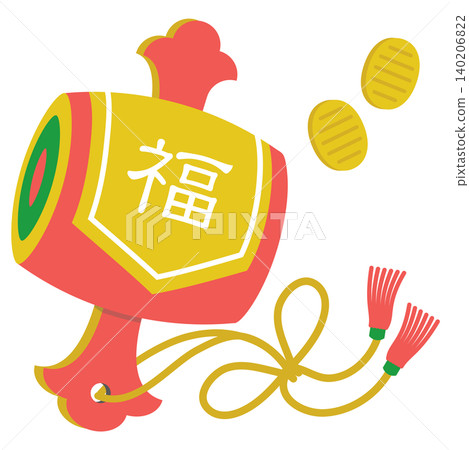 日式風格的木槌和金幣圖示插圖,適用於新年賀卡。 日式風格的木槌和金幣圖示插圖,適用於新年賀卡。 140206822