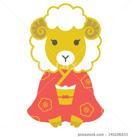 新年賀卡圖示插圖(羊年)-身著和服的女子 新年賀卡圖示插圖(羊年)-身著和服的女子 140206833