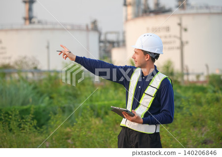Worker inspecting industrial site oil refinery professional image outdoor environment side view safety and oversight Worker inspecting industrial site oil refinery professional image outdoor environment side view safety and oversight 140206846