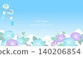 A refreshing summer blue sky frame with purple morning glories and wind chimes swaying against a blue background, 16:9 aspect ratio. 140206854