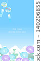 A refreshing summer blue sky frame with purple morning glories and wind chimes swaying against a blue background, vertical 16:9 aspect ratio. 140206855