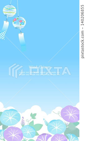 A refreshing summer blue sky frame with purple morning glories and wind chimes swaying against a blue background, vertical 16:9 aspect ratio. A refreshing summer blue sky frame with purple morning glories and wind chimes swaying against a blue background, vertical 16:9 aspect ratio. 140206855